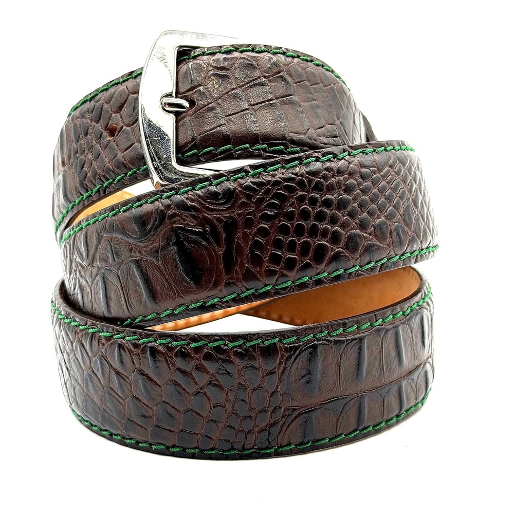 ANTAS Roger Ximenez Croc Embossed Belt Brown Italian Calf Leather Green Stitch
